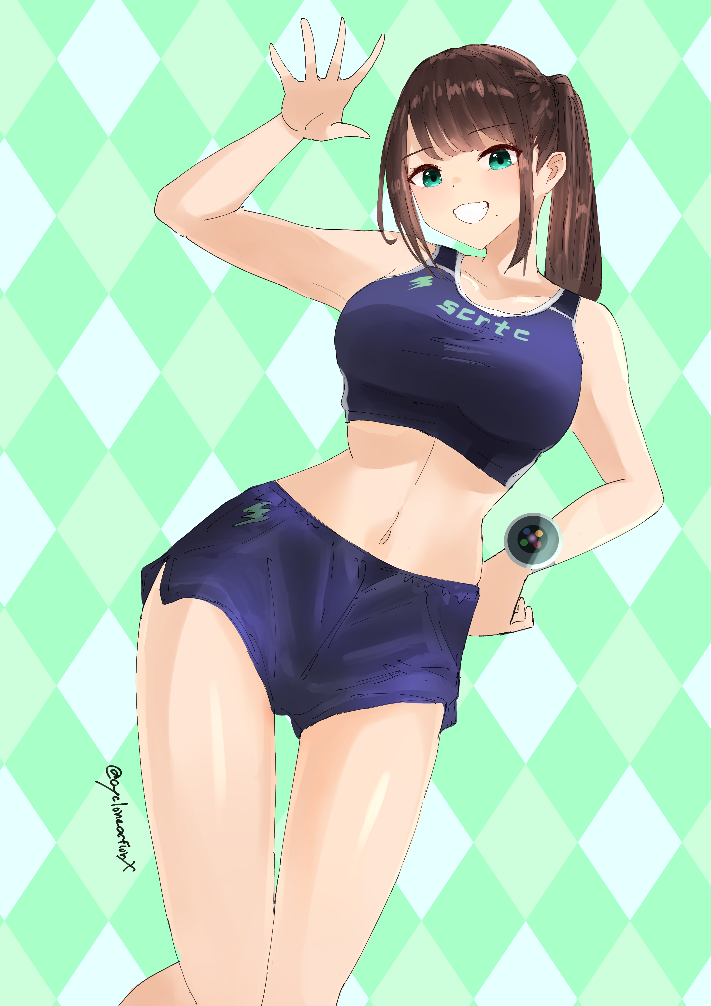 cycloneactionx, hayami sena, juuken sentai gekiranger, mashin sentai kiramager, super sentai, absurdres, commentary, highres, 1girl, :d, animification, argyle background, arm up, artist name, bare arms, bare legs, bare shoulders, blue shorts, blue sports bra, breasts, brown hair, collarbone, cowboy shot, crop top, curled fingers, green background, green eyes, grin, hand on own hip, knees together feet apart, long hair, looking at viewer, medium breasts, midriff, mole, mole under mouth, navel, open hand, open mouth, ponytail, short shorts, shorts, side ponytail, smile, solo, sports bra, spread fingers, swept bangs, thighs, tokusatsu, twitter username, waving