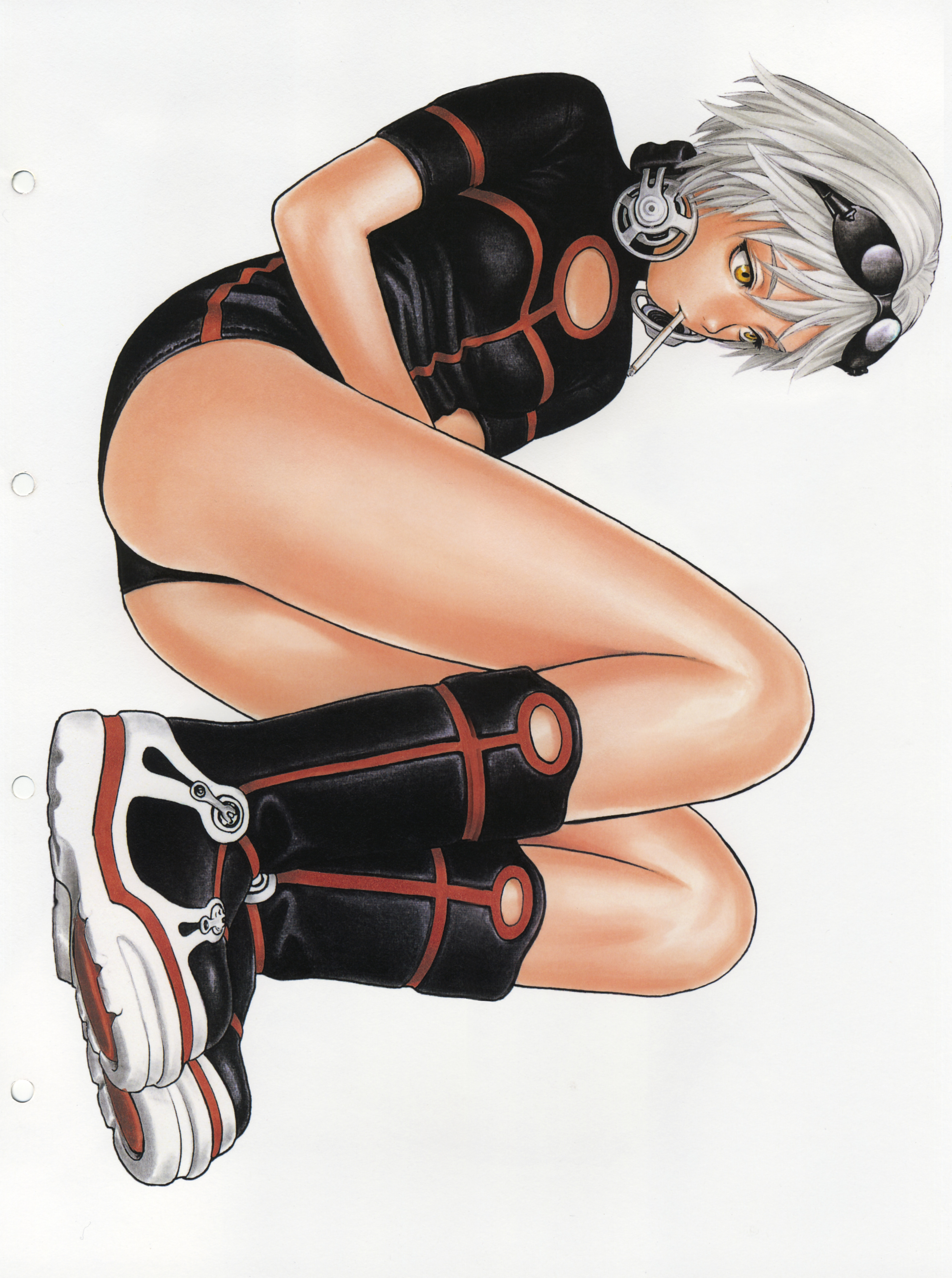 murata range, form code, silver hair, absurdres, highres, scan, 1girl, bob cut, boots, breasts, female focus, full body, short hair, small breasts, solo, yellow eyes