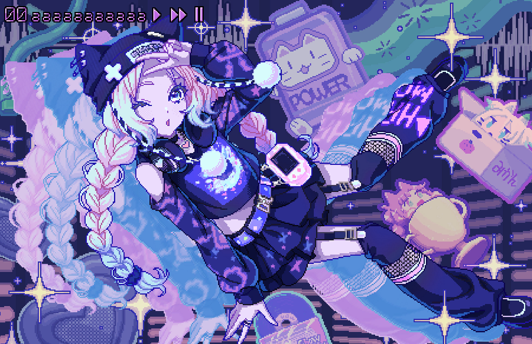 anyoji hime, osawa rurino, link! like! love live!, love live!, game cg, highres, non-web source, official art, 2girls, animal ears, animal hat, beanie, belt, black hat, black leg warmers, black shoes, black skirt, blonde hair, blue hair, box, braid, cardboard box, cat ears, cat girl, cat hat, chibi, chibi inset, dithering, fast forward button, for adoption, gradient hair, hat, headphones, headphones around neck, in box, in container, in trophy, kemonomimi mode, leg warmers, looking at viewer, low twin braids, miniskirt, multicolored hair, multiple girls, multiple views, nyao signyal, one eye closed, parted bangs, parted lips, pause button, pixel art, play button, pleated skirt, power bank, purple belt, purple shirt, safety pin, shirt, shoes, sidelocks, skirt, sparkle, trophy, twin braids, v, v over head, vinyl record, virtual youtuber