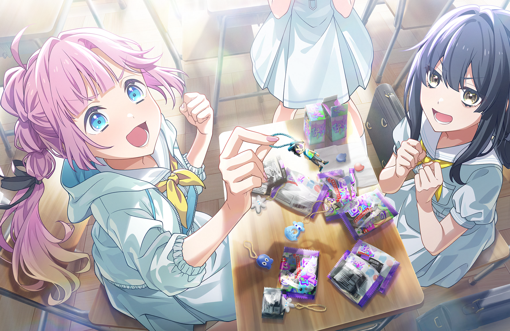 anyoji hime, link! like! love live!, love live!, game cg, highres, non-web source, official art, 3girls, :d, ahoge, black hair, black ribbon, blonde hair, blue eyes, chair, charm (object), classroom, clenched hands, desk, dress, gradient hair, grey eyes, hair intakes, hair ribbon, hasu no sora school uniform, holding, holding charm, hood, hooded jacket, indoors, jacket, lower teeth only, multi-tied hair, multicolored hair, multiple girls, neckerchief, on chair, open clothes, open jacket, open mouth, pink hair, ponytail, puffy short sleeves, puffy sleeves, ribbon, sailor collar, sailor dress, school chair, school desk, school uniform, short sleeves, sidelocks, sitting, smile, standing, summer uniform, teeth, three-quarter sleeves, v-shaped eyebrows, virtual youtuber, white jacket, white sailor collar, wooden floor, yellow neckerchief