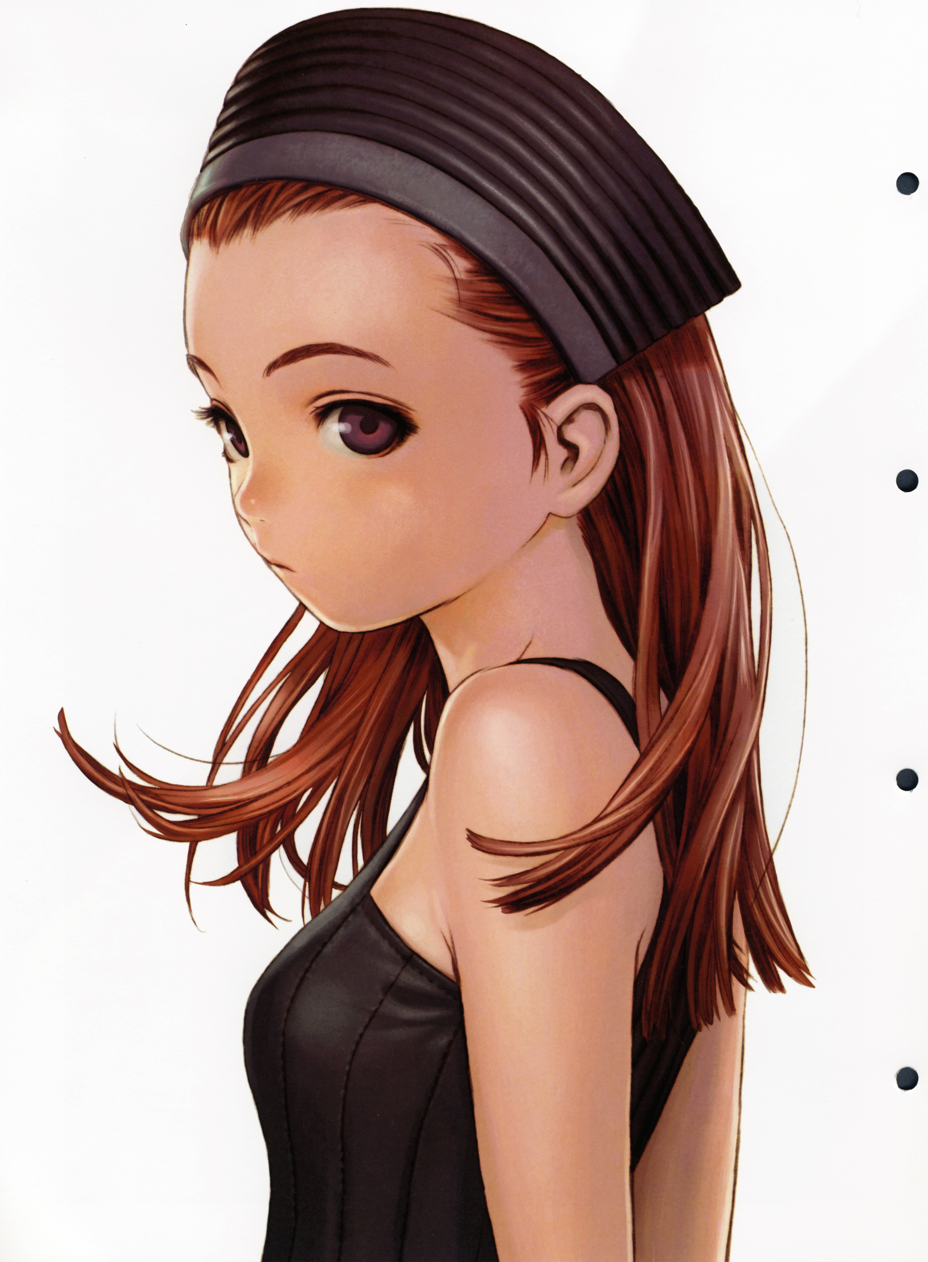murata range, form code, absurdres, highres, scan, 1girl, breasts, female focus, from side, hair slicked back, red hair, simple background, small breasts, solo, white background