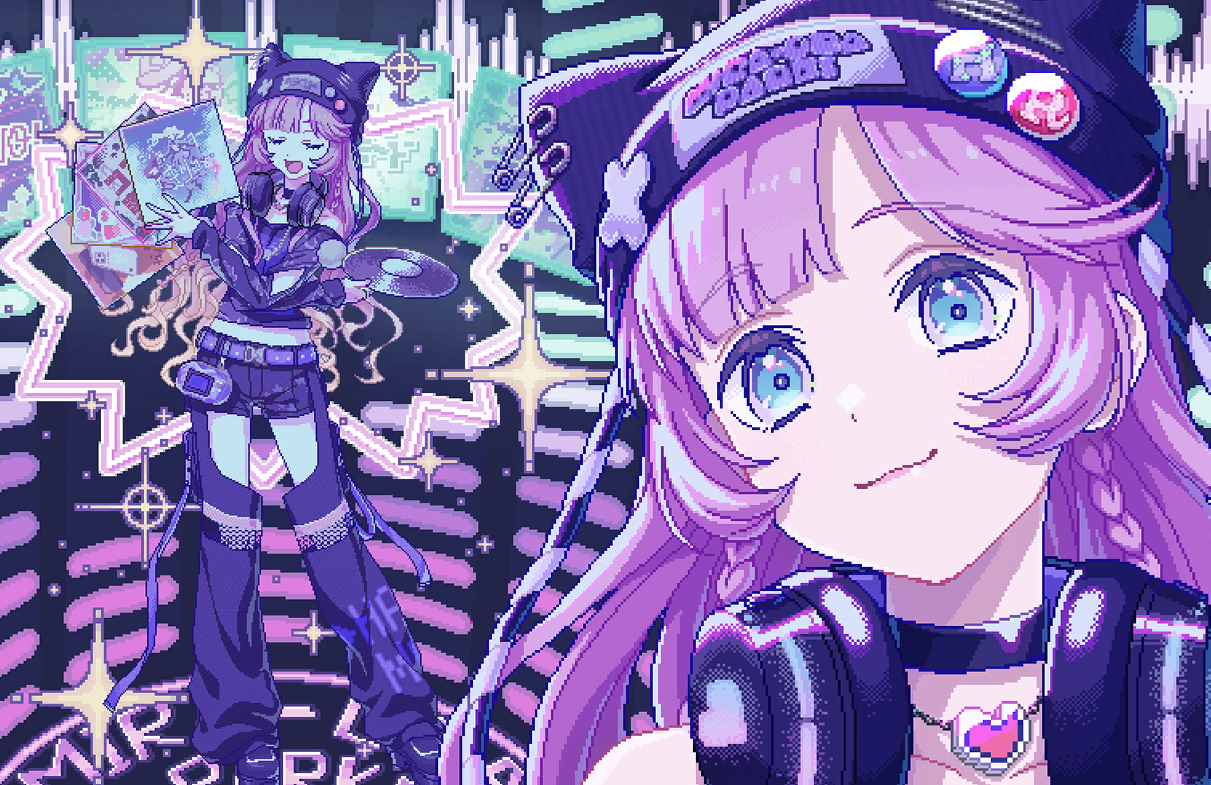 anyoji hime, link! like! love live!, love live!, game cg, highres, non-web source, official art, 1girl, :3, animal hat, badge, bare shoulders, beanie, black choker, black hat, braid, button badge, cat hat, chain, chain necklace, choker, closed mouth, collarbone, dithering, full body, hat, headphones, headphones around neck, heart, heart necklace, holding record, holding record jacket, jewelry, looking at viewer, midriff, multiple views, necklace, nyao signyal, off-shoulder shirt, off shoulder, open mouth, pink hair, pixel art, portrait, purple shirt, purple shorts, safety pin, shirt, short shorts, shorts, side braids, smile, sparkle, virtual youtuber