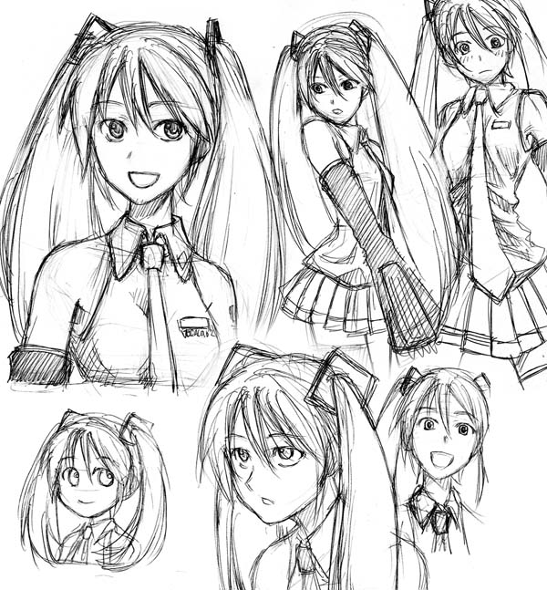 sugiyama shinnosuke, hatsune miku, vocaloid, greyscale, long hair, monochrome, profile, sketch, thighhighs, twintails, very long hair