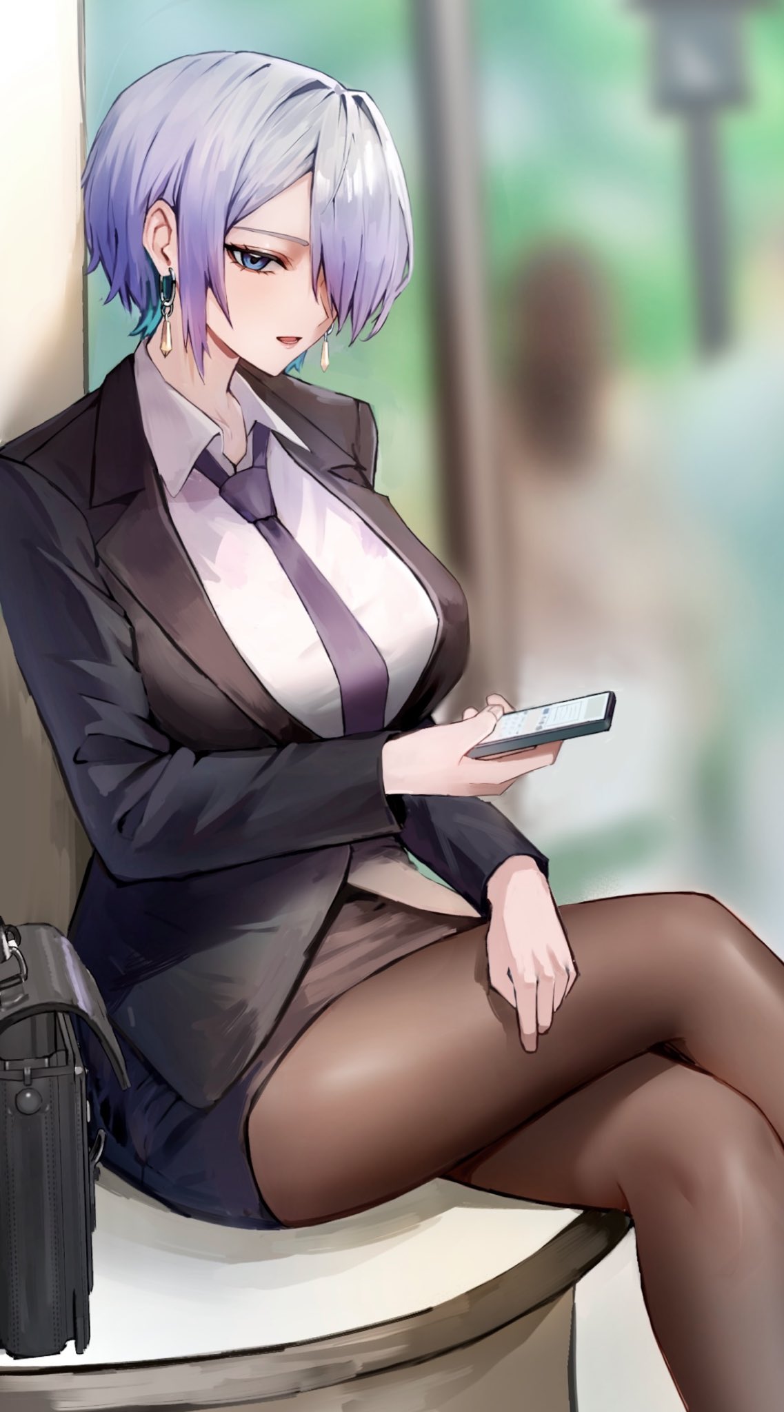 brid (nikke), goddess of victory: nikke, highres, 1girl, black bag, black skirt, blue eyes, breasts, business suit, cellphone, collared shirt, crossed legs, earrings, formal clothes, grey hair, hair over one eye, holding, holding phone, jewelry, kumi (nikke985427849), long hair, long sleeves, office lady, pantyhose, pencil skirt, phone, shirt, sitting, skirt, skirt suit, smartphone, suit, white shirt