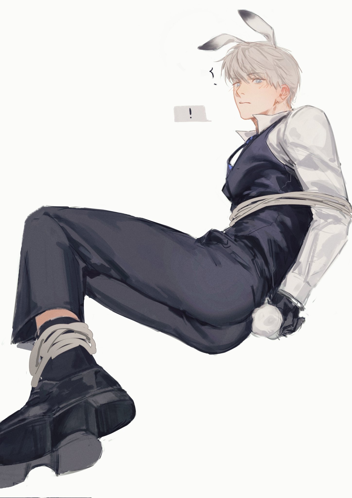 orihara0820, xavier (love and deepspace), love and deepspace, highres, !, 1boy, animal ears, ankle socks, arms behind back, black necktie, black pants, black shoes, black socks, black vest, blue eyes, blush, bound, bound arms, closed mouth, collared shirt, full body, kemonomimi mode, looking at viewer, lying, male focus, necktie, on side, pants, rabbit boy, rabbit ears, shirt, shoes, short hair, simple background, socks, solo, spoken exclamation mark, very short hair, vest, white background, white hair, white shirt