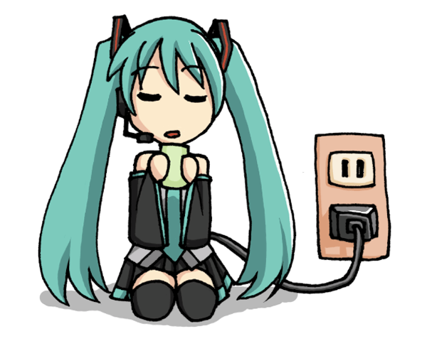 sugiyama shinnosuke, hatsune miku, vocaloid, animated, animated gif, 1girl, aqua hair, electric plug, electrical outlet, female focus, solo, tea, thighhighs, twintails