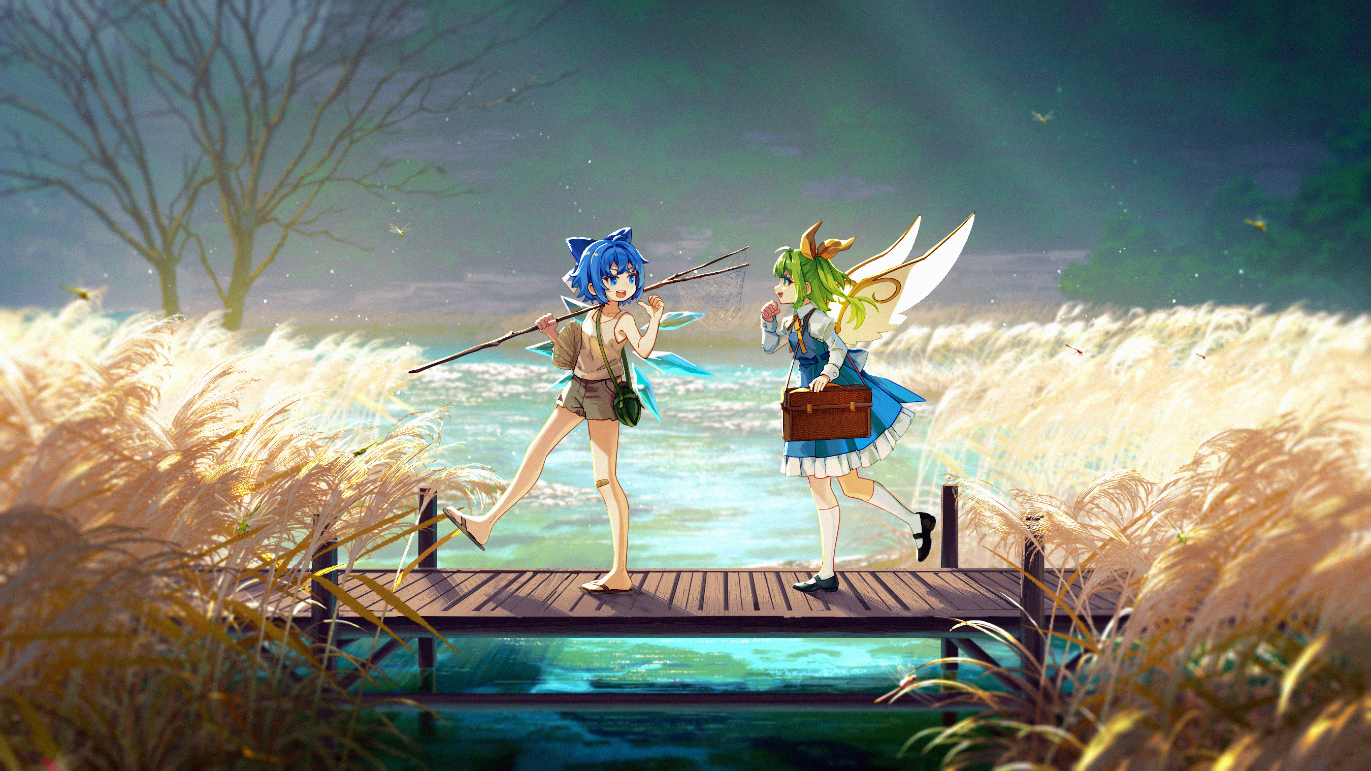 banjie, cirno, daiyousei, touhou, highres, 2girls, bag, bare tree, blue eyes, blue hair, bow, bridge, brown shorts, dress, fairy wings, fireflies, green hair, hair bow, hair ribbon, holding, ice, ice wings, lake, multiple girls, nature, open mouth, outdoors, ribbon, river, sandals, scenery, shirt, short hair, shorts, side ponytail, tree, wings