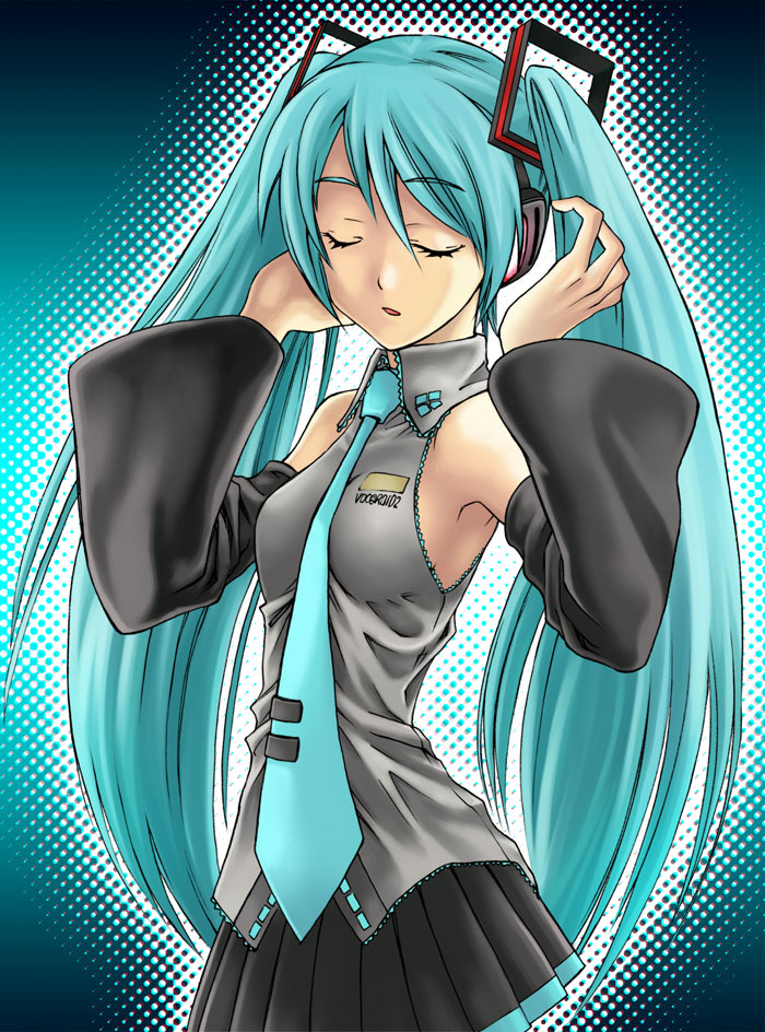 sugiyama shinnosuke, hatsune miku, vocaloid, 1girl, aqua hair, closed eyes, detached sleeves, female focus, long hair, necktie, solo, twintails, very long hair