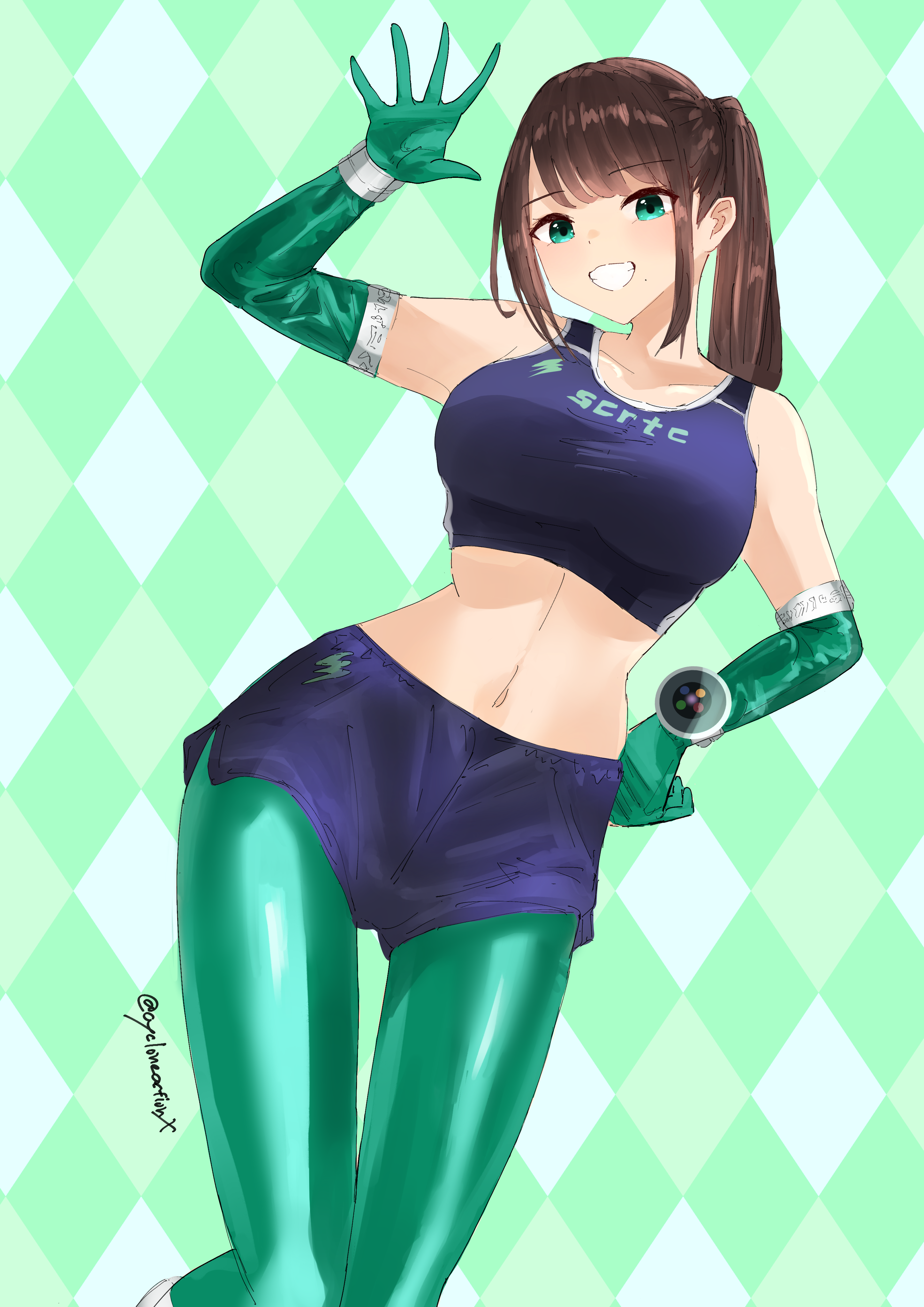 cycloneactionx, hayami sena, kiramei green, juuken sentai gekiranger, mashin sentai kiramager, super sentai, absurdres, commentary, highres, 1girl, :d, animification, argyle background, arm up, artist name, bare arms, bare legs, bare shoulders, blue shorts, blue sports bra, breasts, brown hair, collarbone, cowboy shot, curled fingers, elbow gloves, gloves, green background, green eyes, green gloves, green leggings, grin, hand on own hip, knees together feet apart, leggings, long hair, looking at viewer, medium breasts, midriff, mole, mole under mouth, navel, open hand, open mouth, ponytail, short shorts, shorts, side ponytail, smile, solo, sports bra, spread fingers, swept bangs, tokusatsu, twitter username, waving