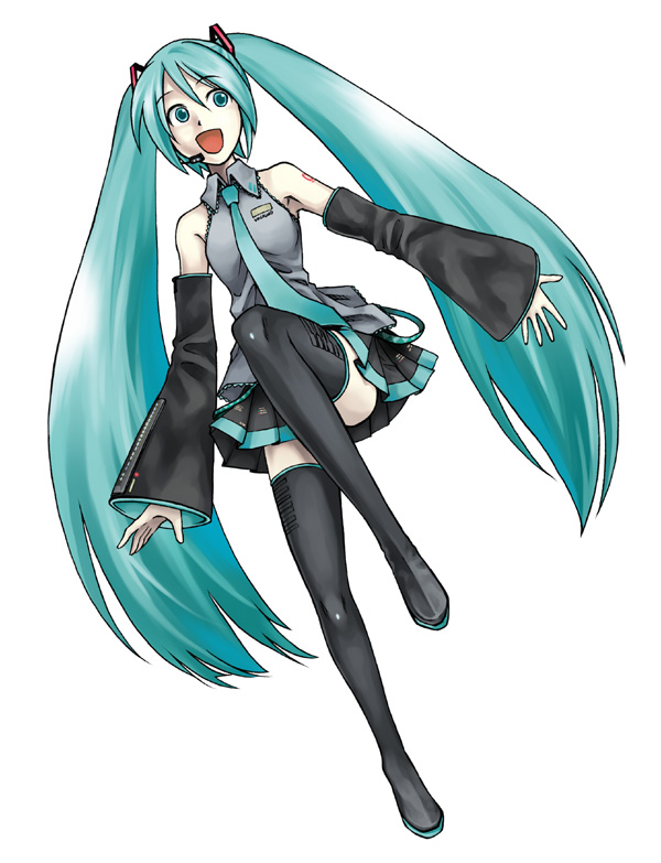 sugiyama shinnosuke, hatsune miku, vocaloid, 1girl, aqua hair, aqua necktie, detached sleeves, female focus, long hair, necktie, solo, thighhighs, twintails, very long hair