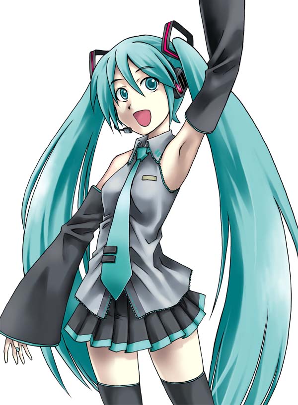 sugiyama shinnosuke, hatsune miku, vocaloid, 1girl, aqua hair, aqua necktie, detached sleeves, female focus, long hair, necktie, solo, thighhighs, twintails, very long hair