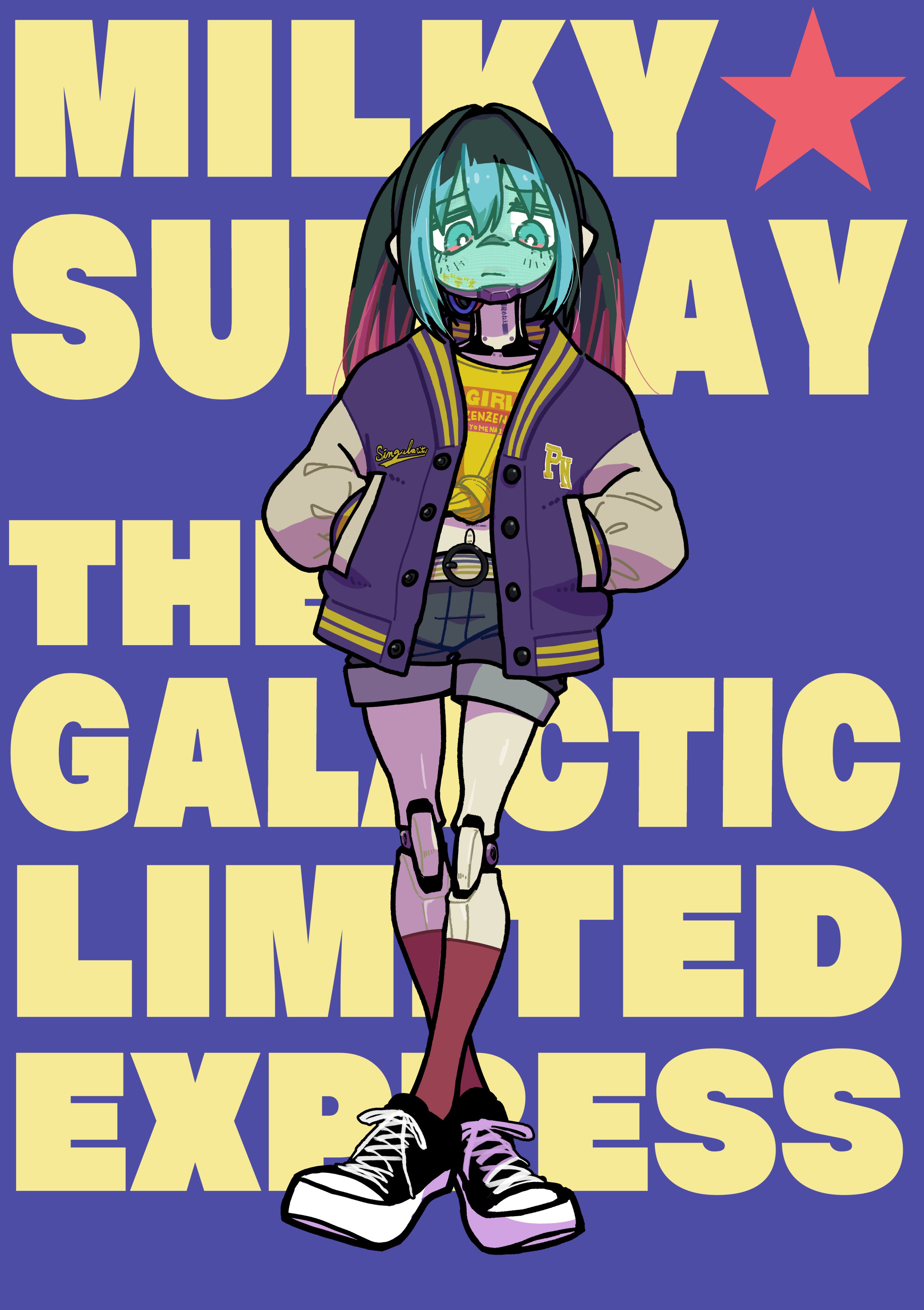 sagarakuda, kurusu makina (milky galactic universe), milky galactic universe, milky subway, absurdres, commentary request, highres, 1girl, android, black hair, black shoes, blue hair, closed mouth, clothes writing, copyright name, full body, hands in pockets, jacket, joints, letterman jacket, multicolored hair, open clothes, open jacket, red hair, red socks, robot joints, shirt, shoes, short shorts, shorts, simple background, sneakers, socks, solo, standing, star (symbol), yellow shirt
