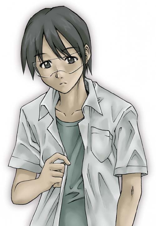 sugiyama shinnosuke, harakawa ken'ichi, dennou coil, 00s, 1boy, collarbone, dress shirt, glasses, looking at viewer, male focus, open clothes, open shirt, pocket, shirt, short sleeves, simple background, solo, t-shirt, white background, white shirt
