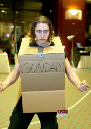 cardboard box gundam, paul palgen, gundam, real life, artist request, cosplay photo, lowres, photo (medium), 1boy, blurry, box, cardboard box, carpet, copyright name, cosplay, cowboy shot, depth of field, epic, id tag, in container, indoors, long sleeves, looking at viewer, male focus, manly, meme, solo, standing