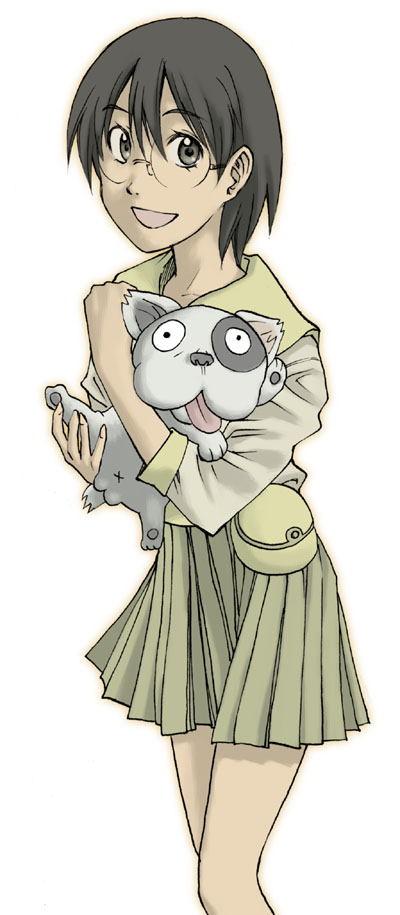 sugiyama shinnosuke, densuke (dennou coil), okonogi yuuko, dennou coil, plaid, 00s, 1girl, :3, :p, animal, dog, female focus, glasses, green shirt, holding, hug, long sleeves, looking at viewer, shirt, simple background, solo, surprised, sweater, tongue, tongue out, white background, wide-eyed