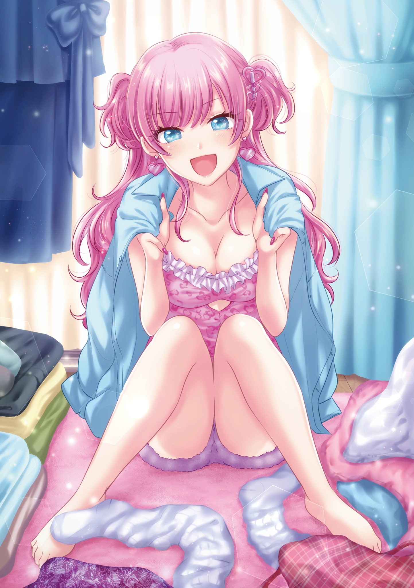 kanamaru yuuki, watanabe akari, fuufu ijou koibito miman., commentary request, highres, official art, 1girl, blue eyes, blue shirt, breasts, camisole, cleavage, collarbone, cover, cover page, curtains, earrings, folded clothes, full body, hair ornament, heart, heart earrings, heart hair ornament, jewelry, knees up, large breasts, long hair, looking at viewer, open mouth, pink camisole, pink hair, purple shorts, shirt, shirt on shoulders, shorts, sitting, smile, socks, solo, two side up, unworn socks, white socks