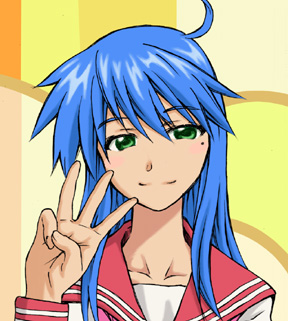 sugiyama shinnosuke, izumi konata, lucky star, motteke! serafuku, lowres, 00s, 1girl, aged up, ahoge, blue hair, female focus, green eyes, mole, mole under eye, school uniform, serafuku, solo