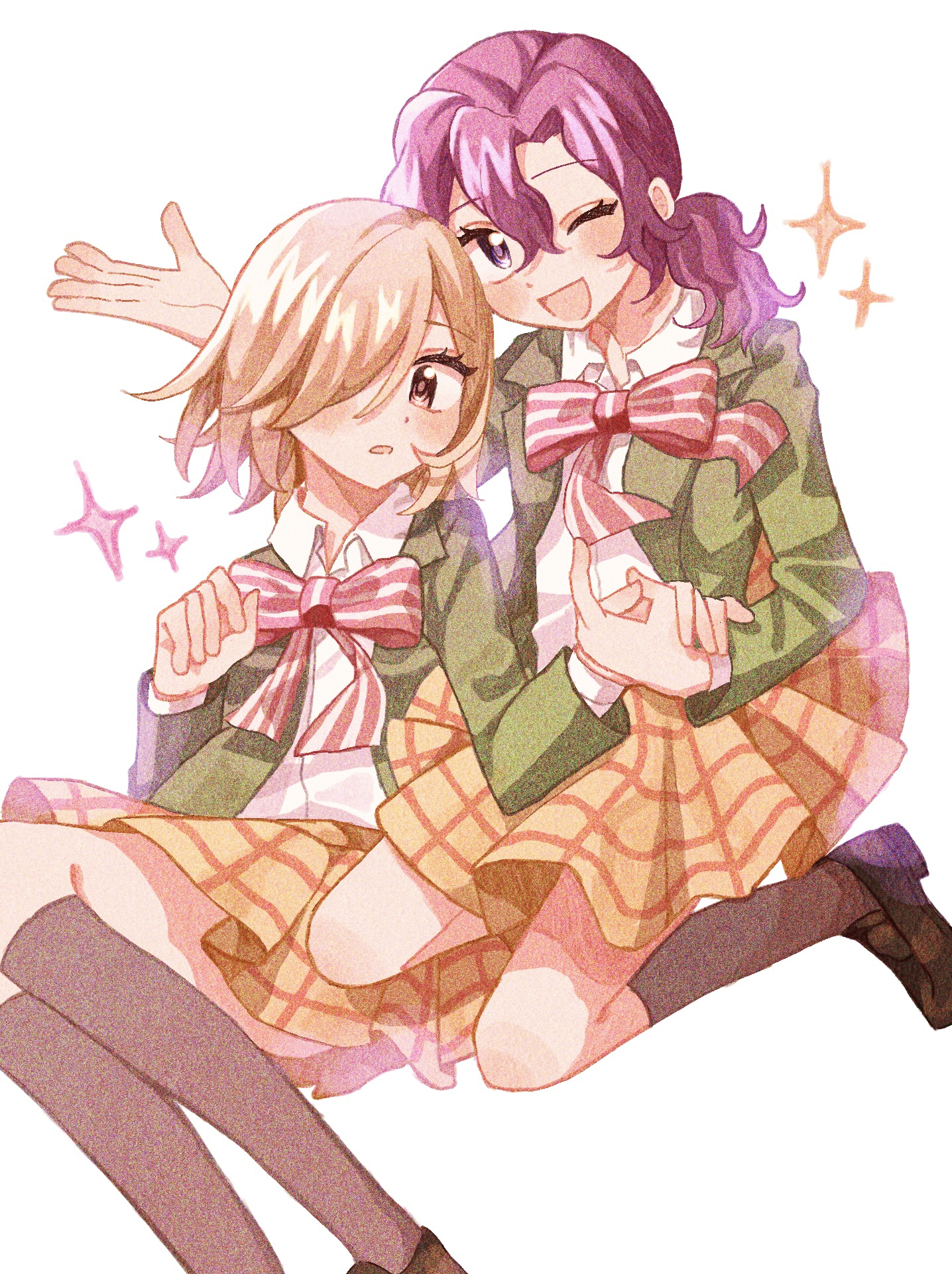 aoyagi hajime, teshima junta, yowamushi pedal, highres, 2girls, :o, ;d, blazer, blonde hair, blurry, blush, bokeh, bow, bowtie, brown eyes, brown shoes, collared shirt, curtained hair, depth of field, film grain, floating, floating clothes, full body, genderswap, genderswap (mtf), green jacket, grey socks, hair between eyes, hair over one eye, holding hands, jacket, kneehighs, loafers, long hair, looking at viewer, low ponytail, medium hair, miniskirt, mofulove cocoa, multiple girls, one eye closed, open clothes, open hand, open jacket, open mouth, parted bangs, parted hair, plaid clothes, plaid skirt, ponytail, purple eyes, purple hair, red bow, red bowtie, school uniform, shirt, shoes, simple background, skirt, smile, socks, sparkle, striped bow, striped bowtie, striped clothes, wavy hair, white background, white shirt, yellow shirt