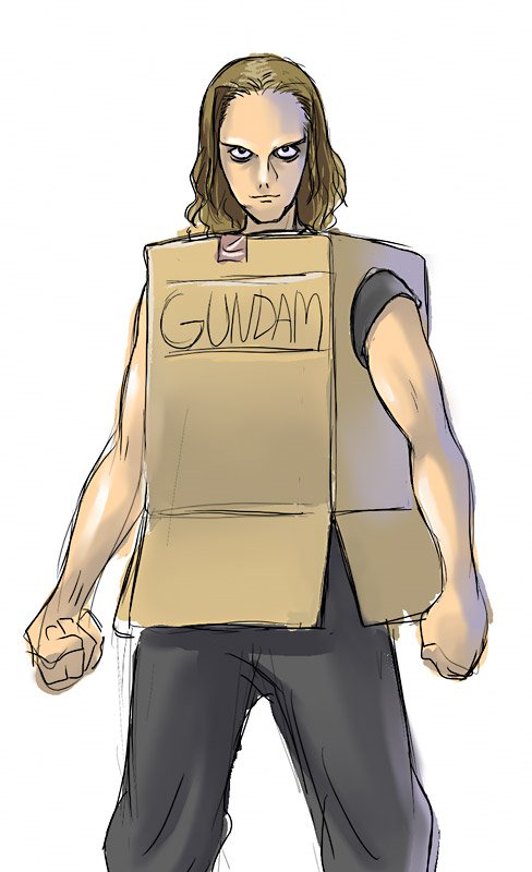 fugetsu taku, cardboard box gundam, gundam, bad id, bad pixiv id, 1boy, box, cardboard box, cosplay, looking at viewer, male focus, parody, solo, standing