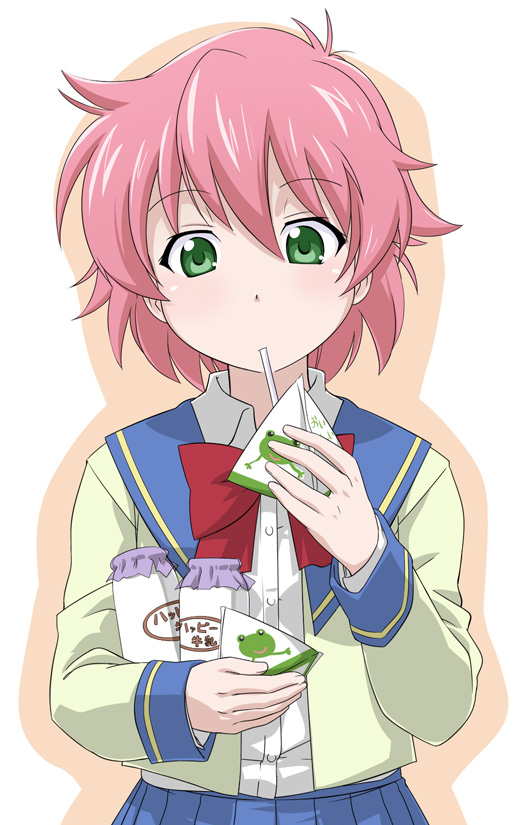 youkan, anita king, r.o.d the tv, read or die, 00s, 1girl, bottle, drinking, female focus, food, juice box, milk, milk bottle, milk carton, milkbox, school uniform, serafuku, simple background, solo