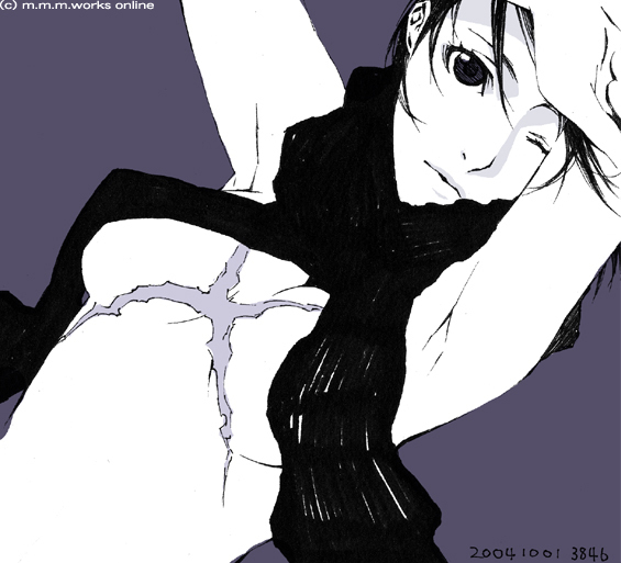 miwa shirow, fuyumine naoto, dogs: bullets & carnage, 1girl, 2004, armpits, arms up, breasts, censored, convenient censoring, dated, female focus, grey background, looking at viewer, medium breasts, monochrome, no bra, one eye closed, parted lips, purple theme, scar, scarf, scarf over breasts, simple background, solo, topless female, upper body, wink