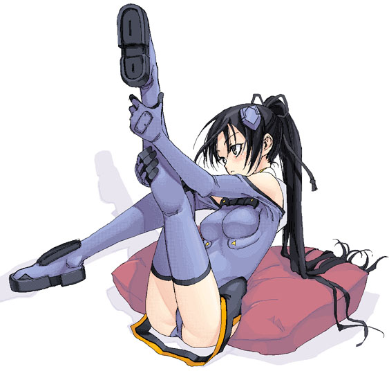 satou atsuki, ichijou eika, sky girls, pilot suit, 00s, 1girl, bare shoulders, black eyes, black hair, blue boots, blue thighhighs, blush, boots, breasts, elbow gloves, female focus, from side, full body, gloves, hair ribbon, headgear, high ponytail, kneepits, leaning back, leg hold, legs up, leotard, long hair, looking to the side, mecha pilot suit, medium breasts, motion slit, motionslit, pillow, ponytail, ribbon, shadow, simple background, sitting, solo, thigh boots, thighhighs, very long hair, white background