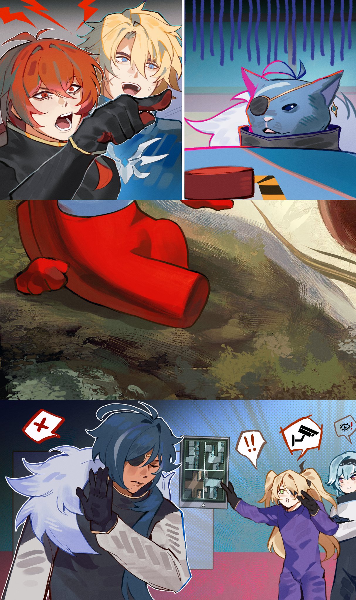 srro yo, crewmate (among us), eula (genshin impact), fischl (genshin impact), kaeya (genshin impact), red (among us), varka (genshin impact), among us, genshin impact, the creation of adam, commentary, english commentary, highres, !, !!, 1other, 2boys, 2girls, 3boys, alternate costume, black gloves, blonde hair, blood, blue hair, cartoon bone, cat, closed eyes, corpse, crossover, dark-skinned male, dark skin, drakeposting (meme), eyepatch, fine art parody, gloves, meme, multiple boys, multiple girls, parody, push-button, spacecraft, speech bubble, woman yelling at cat (meme)