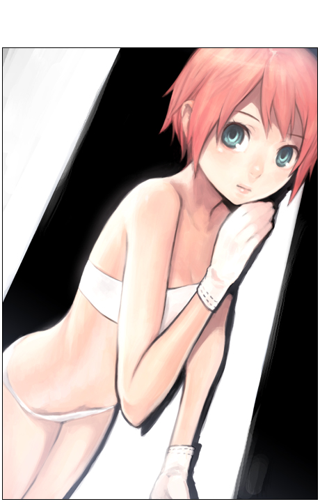 shiohara shin'ichi, original, bandeau bikini, bikini, gloves, green eyes, lowleg, lowleg panties, panties, pink hair, short hair, solo, swimsuit, underwear
