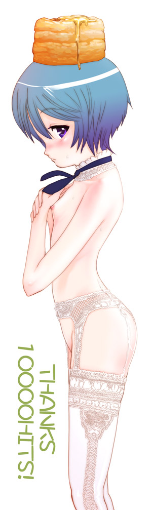 blapan, burapan, bisuke-tan, kfc, long image, tall image, 1girl, choker, female focus, garter belt, lingerie, loli, milestone celebration, nipples, no panties, object on head, solo, thighhighs, underwear