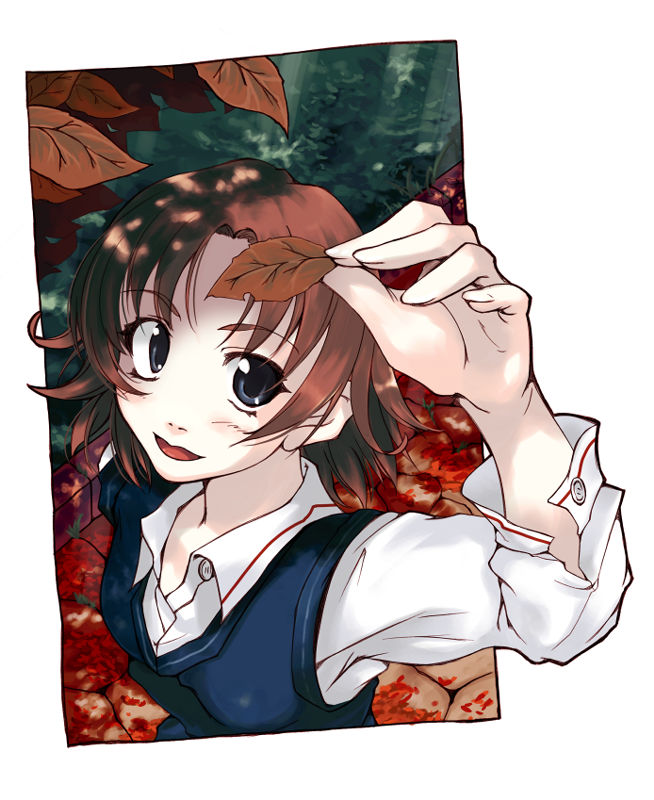 tamaki fuyu, original, foreshortening, leaf, school uniform, serafuku, smile, solo, sweater vest, vest