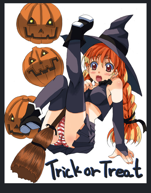 amaya yuu, original, 1girl, broom, female focus, halloween, hat, jack-o'-lantern, leg lift, leg up, panties, pantyshot, pumpkin, solo, striped clothes, striped panties, thighhighs, trick or treat, underwear, witch hat