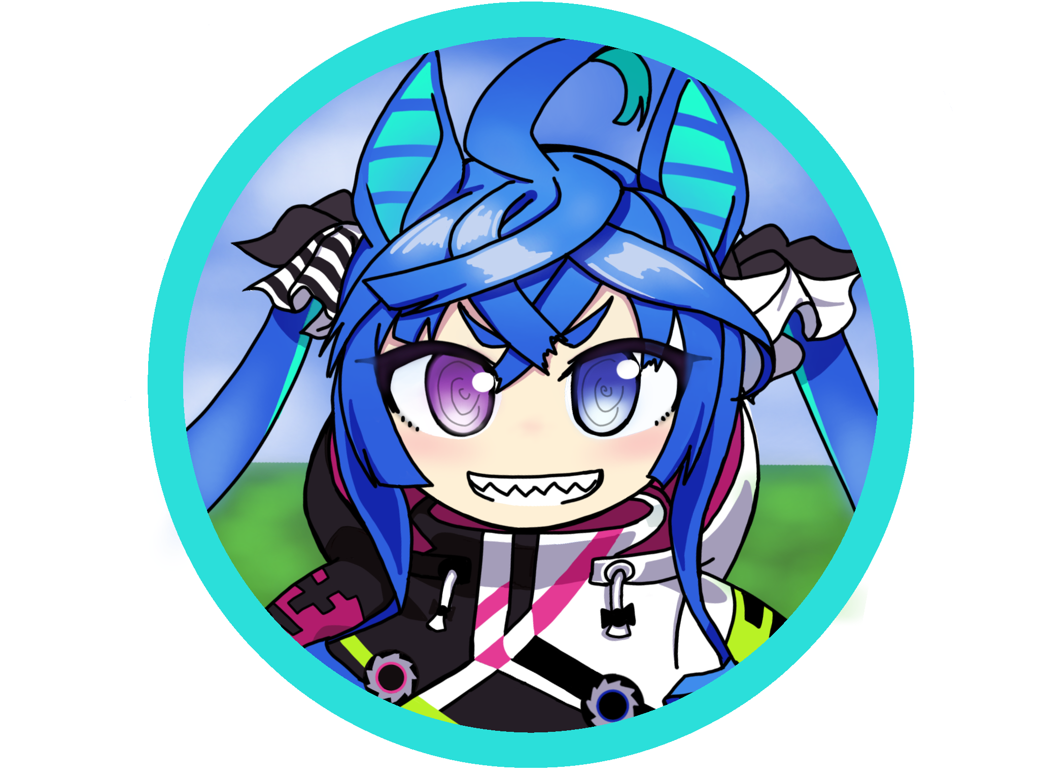 tomimon, twin turbo (umamusume), umamusume, commentary request, highres, 1girl, ahoge, animal ears, blue eyes, blue hair, drawstring, grin, heterochromia, hood, hood down, hoodie, horse ears, long hair, looking at viewer, multicolored hair, purple eyes, round image, sharp teeth, smile, solo, teeth, twintails, two-tone hair, upper body, white background, white hoodie