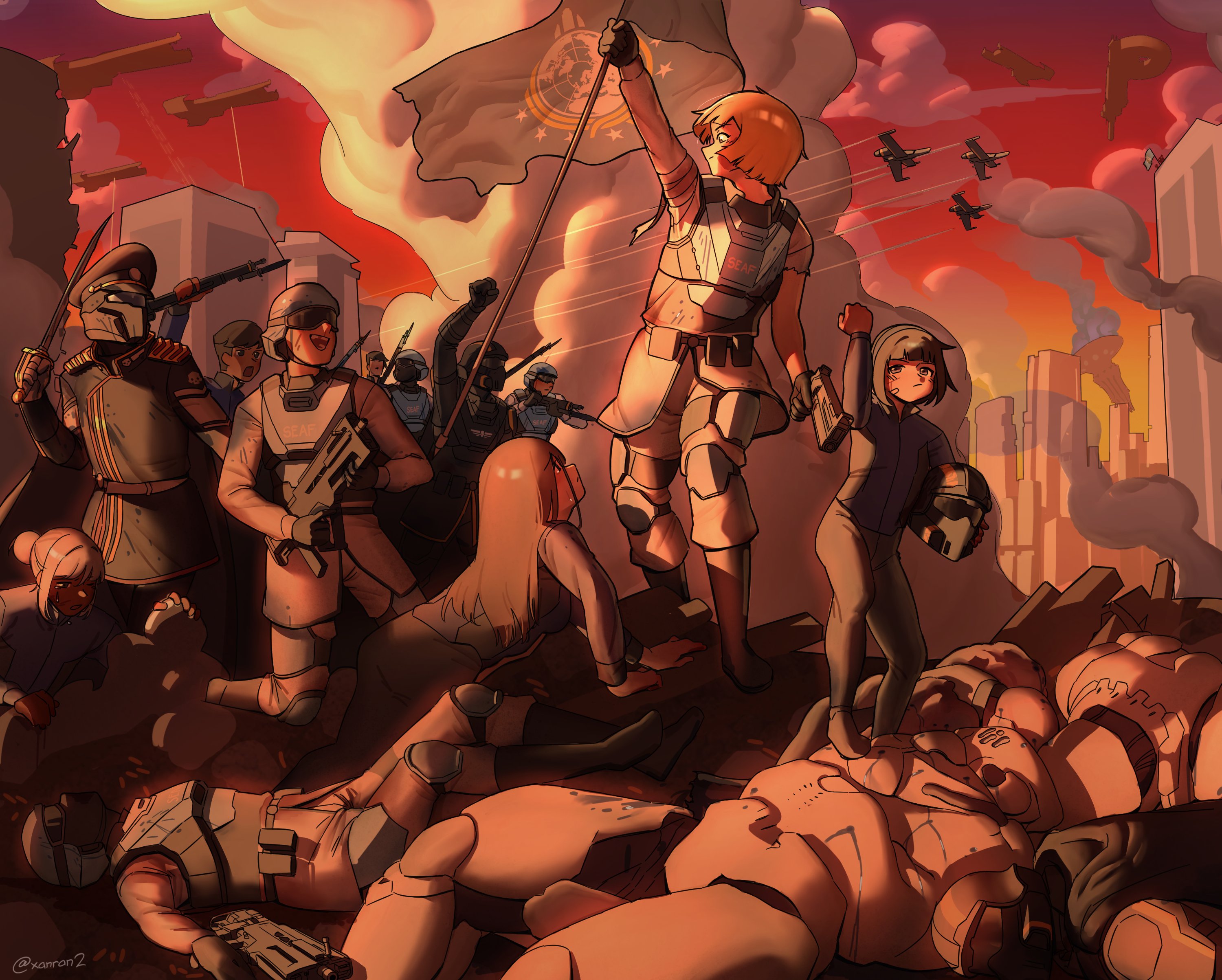 xanran, helldiver (helldivers), illuminate (helldivers), seaf soldier (helldivers), helldivers (series), liberty leading the people, absurdres, highres, 3others, 4boys, 4girls, ar-23 liberator, armor, assault rifle, bandaged arm, bandages, black gloves, black hat, bolt action, bullpup, city, combat helmet, corpse, fine art parody, flag, gloves, goggles, gun, handgun, hat, helmet, holding, holding flag, holding gun, holding sword, holding unworn helmet, holding weapon, knee pads, long hair, looking at another, multiple boys, multiple girls, multiple others, parody, peaked cap, pile of corpses, plate armor, red sky, revolver, rifle, short hair, sky, smoke, spacecraft, super earth salute (helldivers), sword, torn sleeve, unworn headwear, unworn helmet, weapon