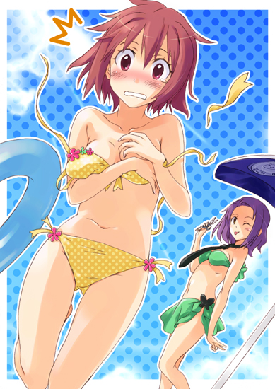 hatoba, original, 2girls, ^^^, bandeau, bikini, blue skirt, border, breasts, brown eyes, brown hair, cleavage, clenched teeth, embarrassed, green bikini, midriff, multiple girls, navel, polka dot, polka dot bikini, purple hair, sarong, shaded face, short hair, skirt, small breasts, standing, stomach, surprised, swimsuit, teeth, thigh gap, topless female, umbrella, wardrobe malfunction, yellow bikini