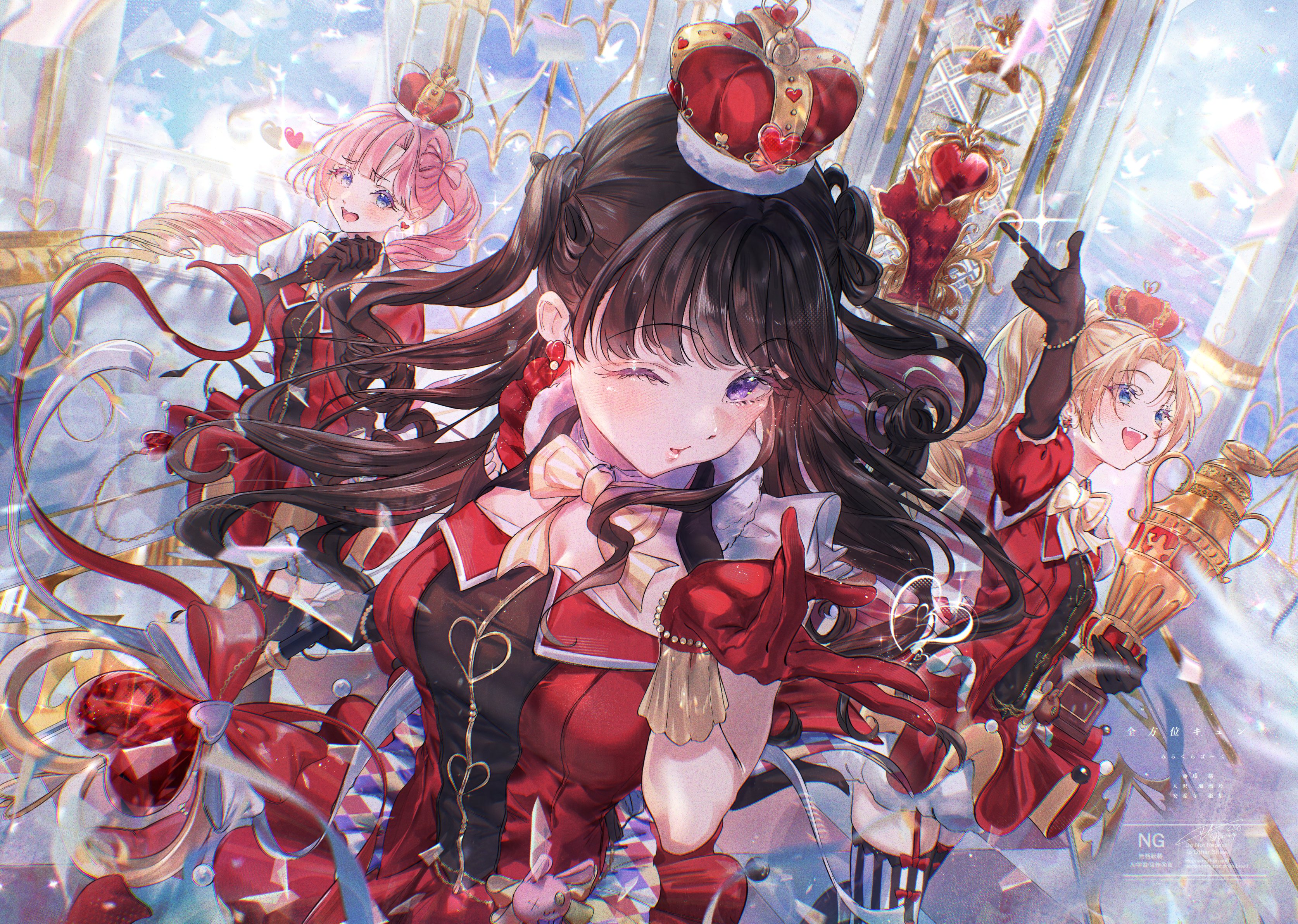 kuzia (atarayo), anyoji hime, fujishima megumi, osawa rurino, link! like! love live!, love live!, absurdres, commentary, highres, 3girls, :d, arched crown, black gloves, black thighhighs, blonde hair, blowing kiss, blue eyes, bow-shaped hair, breasts, brown hair, character name, cleavage, crown, dress, earrings, elbow gloves, gloves, gradient hair, group name, heart, heart-shaped gem, heart crown, heart earrings, holding, holding staff, holding trophy, interlocked fingers, jewelry, large breasts, long hair, looking at viewer, mira-cra park!, multicolored hair, multiple girls, official alternate costume, one eye closed, open mouth, own hands clasped, own hands together, pink hair, puffy short sleeves, puffy sleeves, purple eyes, raised inner eyebrows, red crown, red dress, short dress, short sleeves, side ponytail, signature, sleeveless, sleeveless dress, smile, song name, sparkle, staff, striped clothes, striped thighhighs, teeth, thighhighs, trophy, two side up, upper teeth only, vertical-striped clothes, vertical-striped thighhighs, virtual youtuber, watermark, zenhoi kyun
