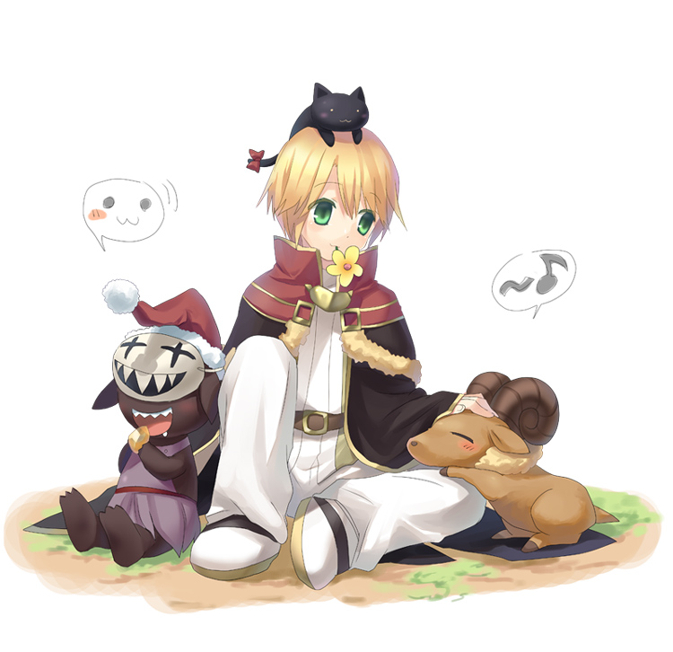 hamamo, bapho jr, high wizard (ragnarok online), ragnarok online, 1boy, blonde hair, blouse, creature, eating, flower, flower in mouth, full body, goblin, green eyes, hat, helmet, male focus, petting, santa hat, shirt, shoes, short hair, simple background, sitting, solo, spread legs, tunic, white background, white shirt, white shoes
