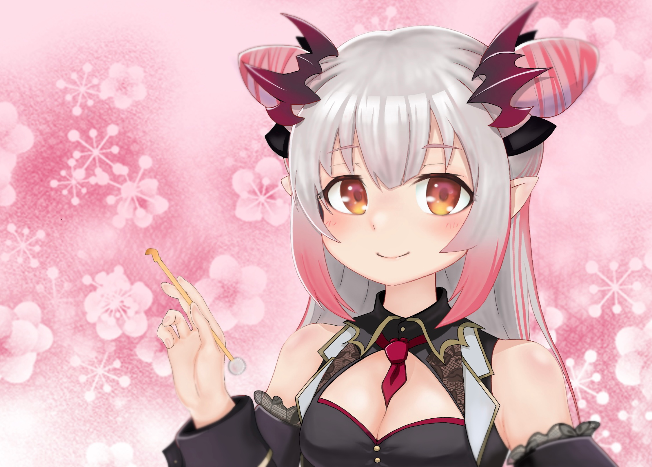 tomimon, suou patra, suou patra (1st costume), honey strap, nanashi inc., commentary request, highres, 1girl, bare shoulders, between breasts, breasts, cleavage, closed mouth, double bun, floral background, grey hair, hair between eyes, hair bun, hand up, holding, large breasts, long hair, looking at viewer, mimikaki, multicolored hair, necktie, necktie between breasts, pink background, pink hair, pointy ears, red eyes, red necktie, smile, solo, streaked hair, upper body, virtual youtuber
