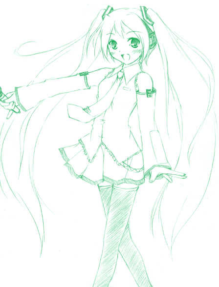 hatsune miku, vocaloid, 1girl, female focus, green theme, long hair, monochrome, sketch, solo, thighhighs, twintails, very long hair