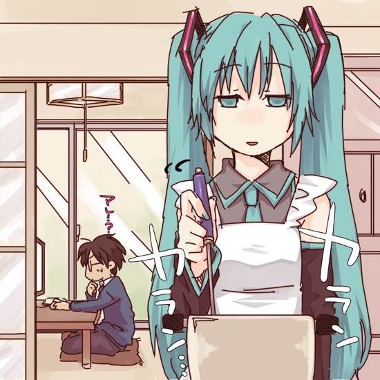 hinata (artist), magamoto, master, hatsune miku, vocaloid, pot, 1boy, 1girl, apron, blue eyes, blue hair, computer, computer keyboard, cooking, empty eyes, long hair, toaster, twintails