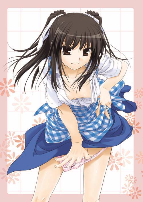 nakajima yuka, original, textless version, 1girl, apron, blouse, brown eyes, brown hair, downblouse, eyebrows hidden by hair, female focus, flat chest, gingham apron, hair ribbon, hand on own hip, kobeya uniform, long hair, open clothes, open shirt, outside border, panties, panty pull, pink panties, plaid apron, plaid clothes, ribbon, shirt, smile, solo, twintails, underwear, waitress, white shirt