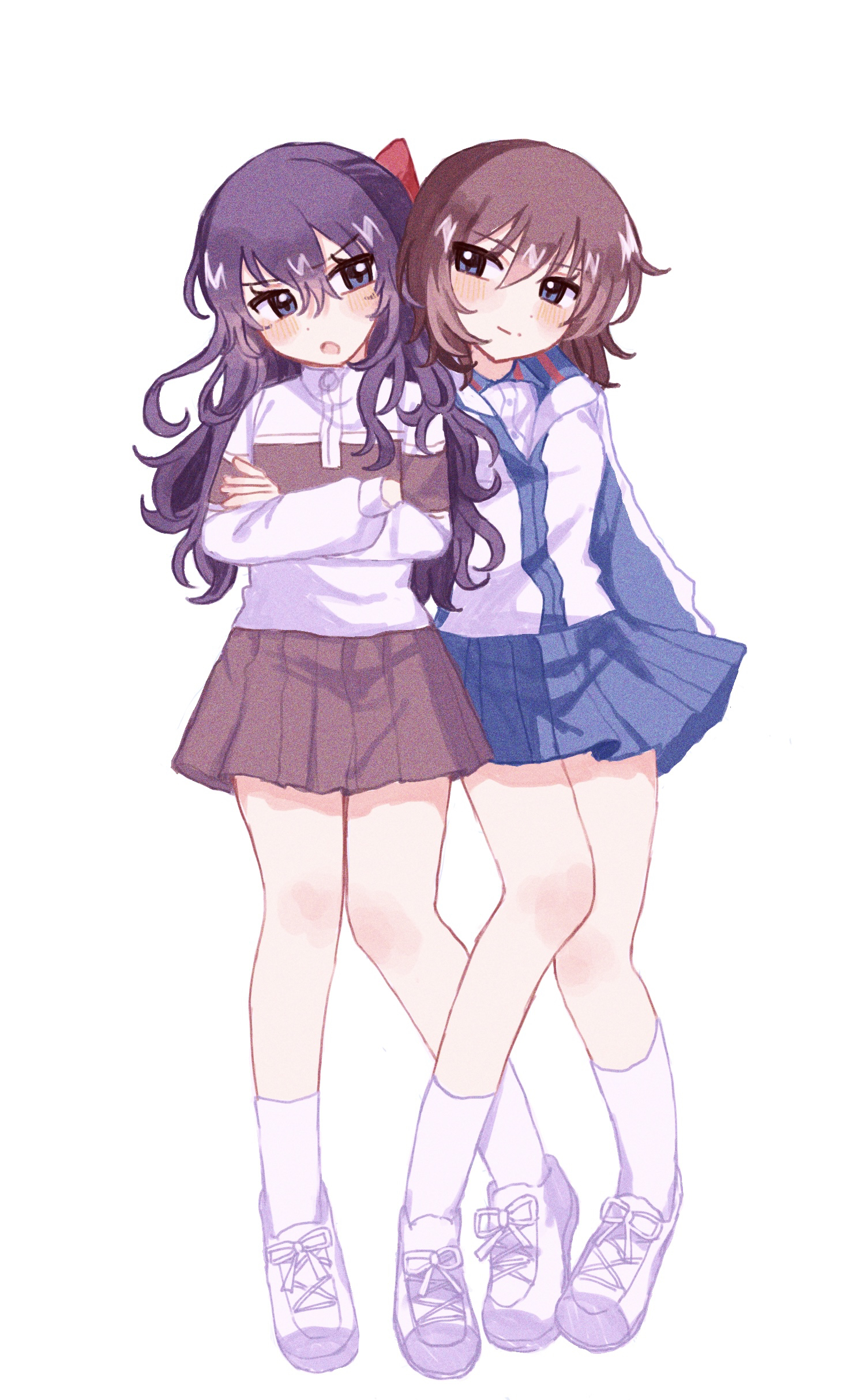fuji shuusuke, mizuki hajime, tennis no ouji-sama, absurdres, highres, 2girls, :o, ankle socks, blue eyes, blue jacket, blue skirt, blush, bow, brown hair, brown skirt, choppy bangs, collared shirt, crossed arms, eye contact, full body, genderswap, genderswap (mtf), hair between eyes, hair bow, head tilt, jacket, knee blush, knees together feet apart, long hair, long sleeves, looking at another, medium hair, miniskirt, mofulove cocoa, multiple girls, partially unzipped, pleated skirt, purple hair, red bow, shirt, shoes, side-by-side, simple background, skirt, smile, sneakers, socks, sportswear, standing, sweater, tennis uniform, track jacket, unusually open eyes, v-shaped eyebrows, wavy hair, white background, white jacket, white shoes, white socks, white sweater