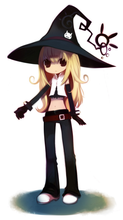 puti devil, belt, blonde hair, brown eyes, elbow gloves, gloves, hat, long hair, midriff, shadow, shoes, solo, witch, witch hat