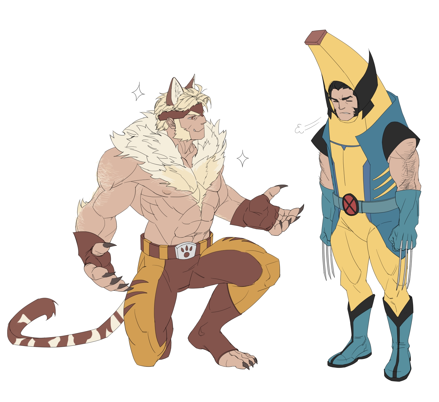 y38737, meowscles, peely, sabertooth (x-men), wolverine (x-men), fortnite, marvel, x-men, commentary, english commentary, highres, 2boys, abs, animal ears, arm hair, bara, bare pectorals, biceps, black hair, blonde hair, cat ears, chest hair, claws, closed eyes, closed mouth, cosplay, fingerless gloves, gloves, looking at another, male focus, meowscles (cosplay), meowtooth, meowtooth (cosplay), multiple boys, muscular, muscular male, navel, nipples, on one knee, pectorals, peelverine, peelverine (cosplay), peely (cosplay), puff of air, sigh, smile, superhero costume, topless male, white background