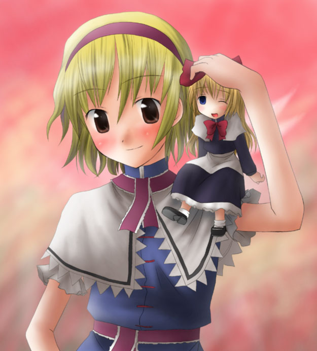 kannazuki hato, alice margatroid, shanghai doll, touhou, 1girl, apron, belt, blonde hair, blue dress, blush, brown eyes, capelet, closed mouth, doll, dress, female focus, frills, headpat, looking at viewer, on shoulder, short hair, smile, solo, upper body, waist apron