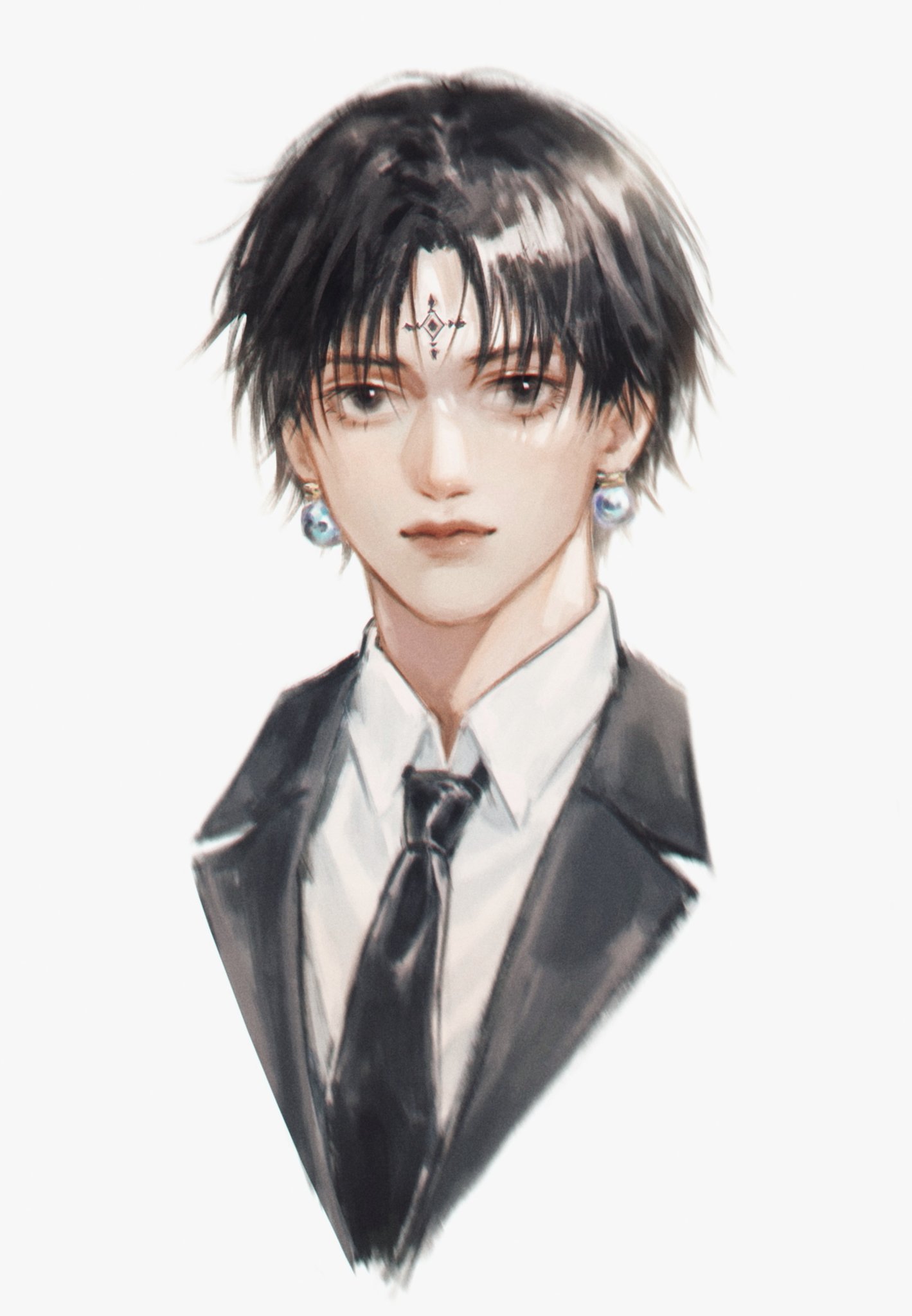 orihara0820, chrollo lucilfer, hunter x hunter, highres, 1boy, black eyes, black hair, black necktie, black suit, closed mouth, collared shirt, earrings, facial mark, forehead mark, formal clothes, jacket, jewelry, looking ahead, necktie, pink lips, portrait, shirt, short hair, simple background, solo, straight-on, suit, suit jacket, upper body, white background, white shirt