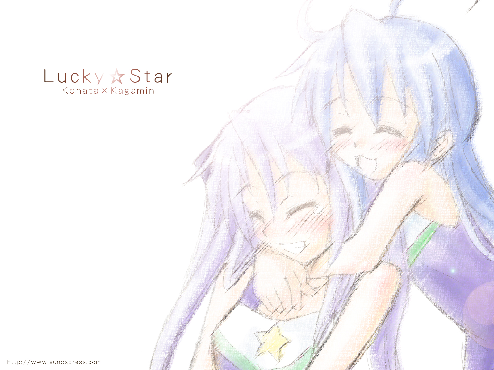 eunos, hiiragi kagami, izumi konata, lucky star, highres, 00s, 2girls, :d, ^ ^, angry, bare shoulders, blush, camisole, clenched teeth, closed eyes, hug, hug from behind, mole, mole under eye, multiple girls, open mouth, simple background, smile, spaghetti strap, teeth, upper body, white background, yuri