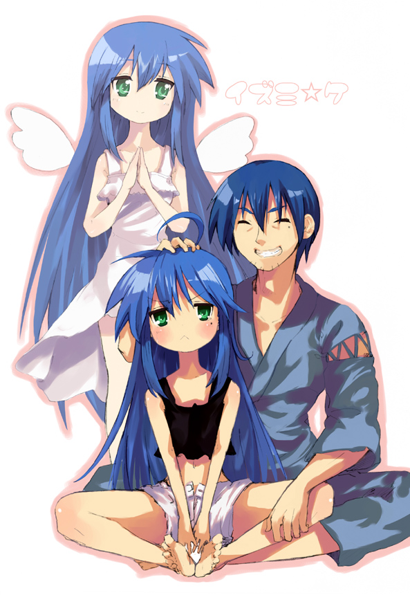 kitagawa unagi, izumi kanata, izumi konata, izumi soujirou, lucky star, 00s, 1boy, 2girls, :<, age difference, angel, angel wings, barefoot, family, father and daughter, feet, mole, mole under eye, mother and daughter, multiple girls, wings