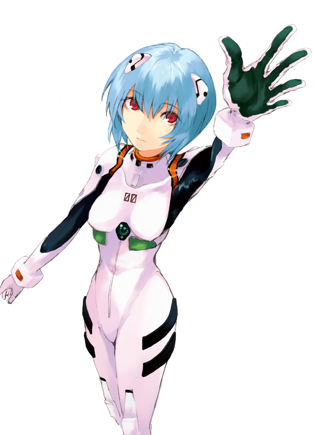 kitagawa unagi, ayanami rei, neon genesis evangelion, 1girl, arm up, armpits, blue hair, bodysuit, bracer, breasts, cowboy shot, expressionless, female focus, from above, gloves, hair between eyes, hair ornament, interface headset (evangelion), looking at viewer, mecha pilot suit, plugsuit (evangelion), reaching, red eyes, short hair, simple background, small breasts, solo, standing, turtleneck, waving, white background