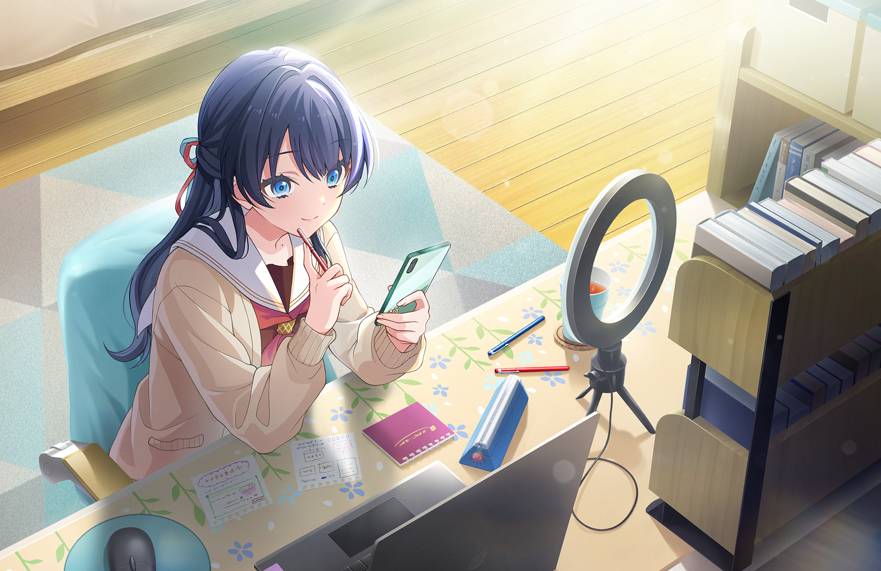 murano sayaka, link! like! love live!, love live!, game cg, highres, non-web source, official art, 1girl, blue eyes, blue hair, bookshelf, brown cardigan, cable, cardigan, carpet, chair, closed mouth, coaster, computer, computer mouse, cup, desk, dress, half updo, hasu no sora school uniform, holding, holding phone, indoors, laptop, long sleeves, looking at phone, macbook, mole, mole on neck, mousepad (object), neckerchief, on chair, open cardigan, open clothes, pen, pencil case, phone, red neckerchief, ring light, sailor collar, sailor dress, school uniform, sitting, smile, solo, split mouth, virtual youtuber, white sailor collar, wooden floor