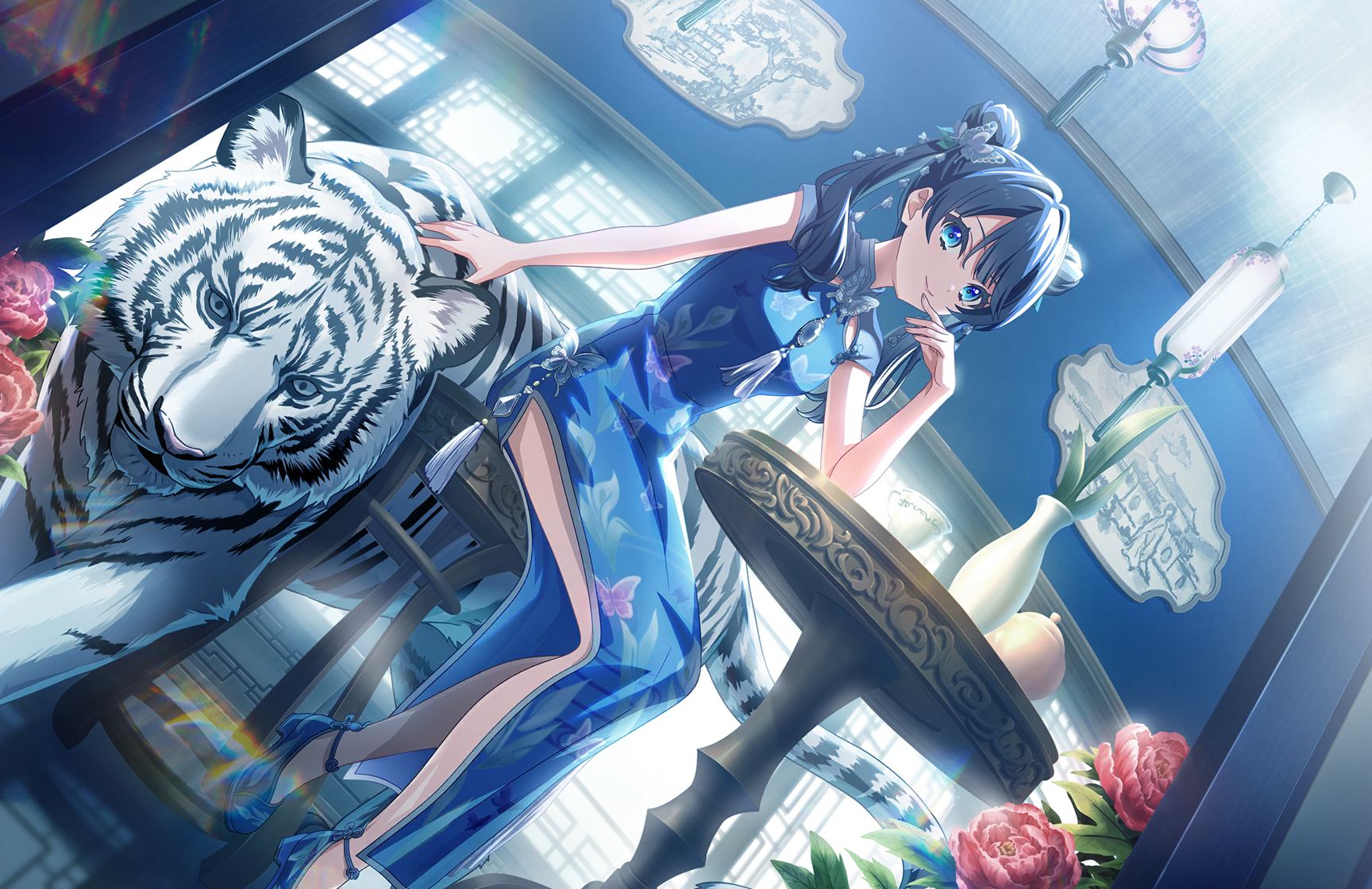 murano sayaka, link! like! love live!, love live!, game cg, highres, non-web source, official art, 1girl, animal print, bare legs, blue dress, blue shoes, breasts, butterfly print, china dress, chinese clothes, closed mouth, cup, double bun, dress, dutch angle, flower, hair bun, hand on animal, high heels, indoors, long dress, long hair, looking at viewer, official alternate costume, official alternate hairstyle, print dress, red flower, round table, shiren koto no tora (love live!), shoes, short sleeves, side slit, small breasts, smile, solo, table, teacup, tiger, twintails, vase, virtual youtuber, white tiger